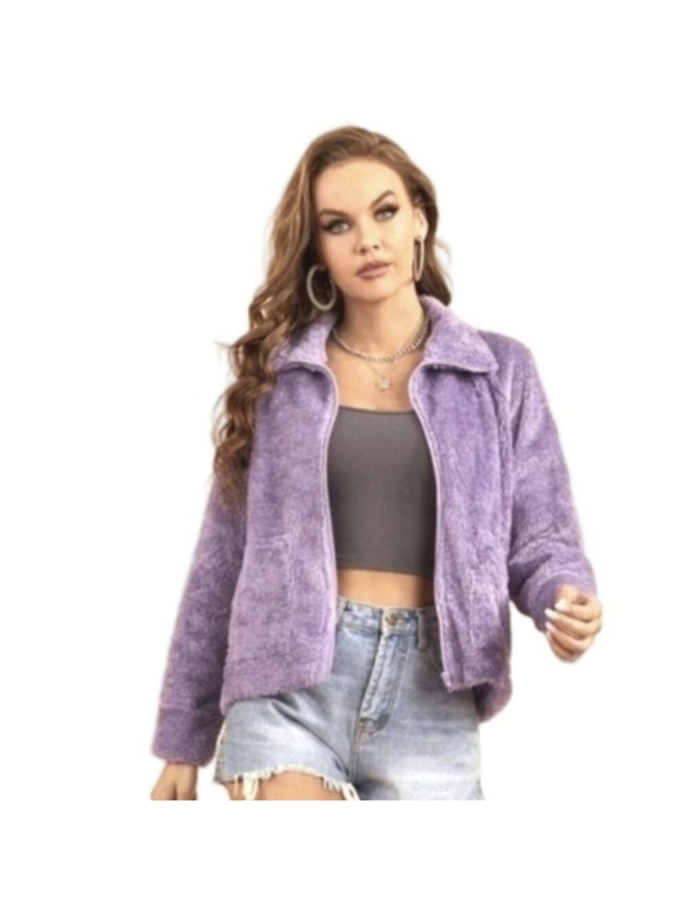 Furry Teddy Jacket Full Zip Up Long Sleeves Collar Pockets Fuzzy Purple Small